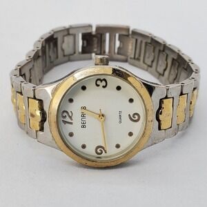 Benrus Women's Watch 28MM‎ White Dial Gold Gray Bracelet 7.5" New Battery